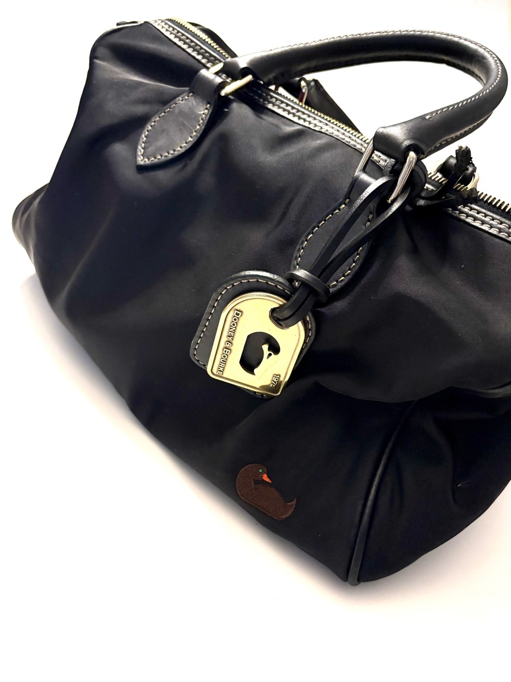 DOONEY & BOURKE Black Nylon Leather Satchel Bag Embroidered Duck, Pink Interior